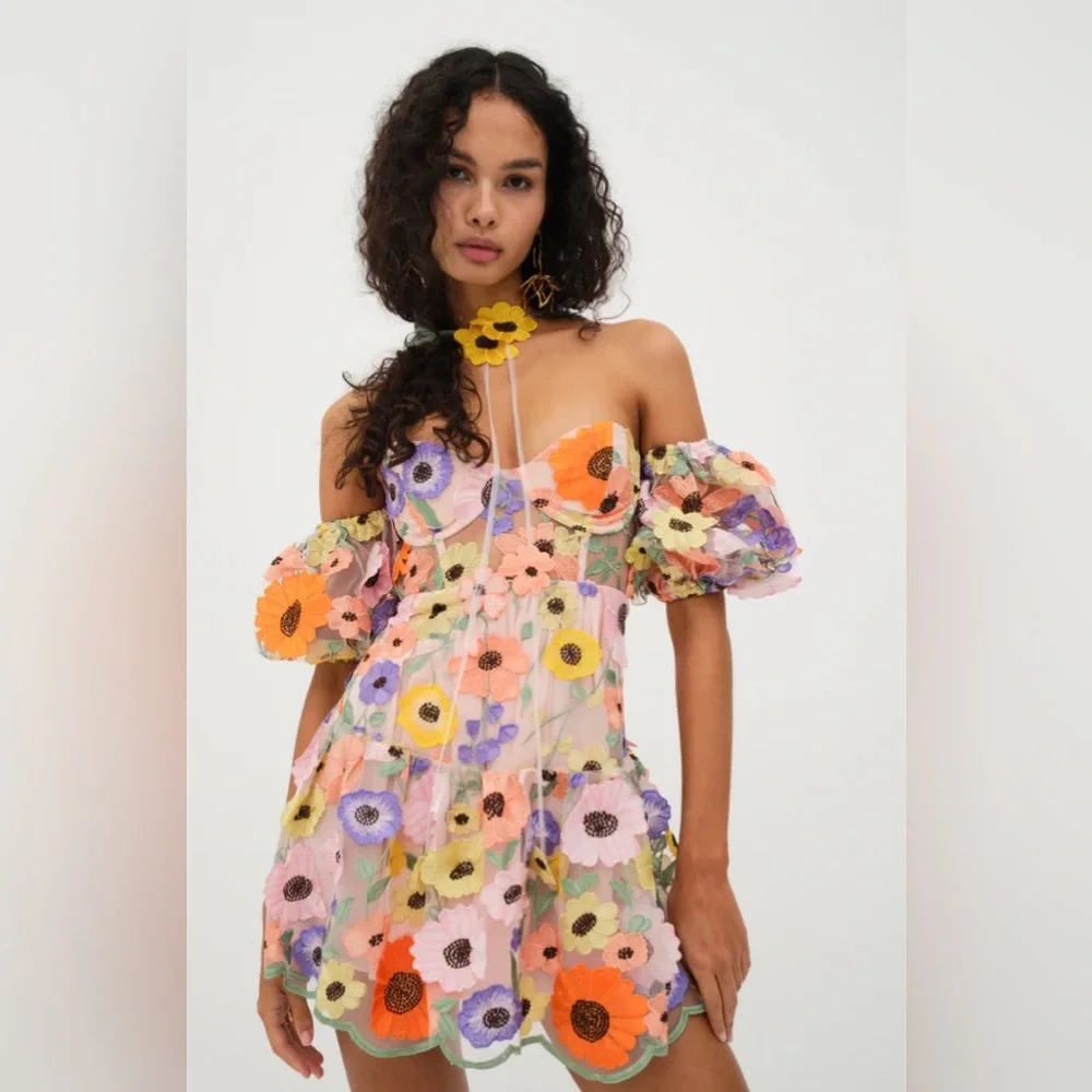 NWT For Love & Lemons Prato Flower Floral Appliqué Mini Dress - Picture 4 of 13